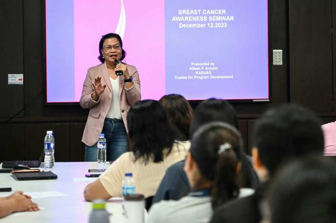 Aileen Antolin of the Philippine Foundation for Breast Cancer speaks during a seminar on breast cancer awareness in Manila Aileen Antolin of the Philippine Foundation for Breast Cancer speaks during a seminar on breast cancer awareness in Manila