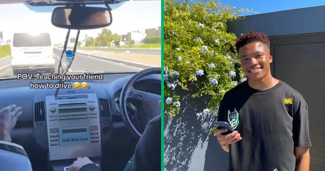 A TikTok video showed a man hilariously teaching his friend to drive. A TikTok video showed a man hilariously teaching his friend to drive.