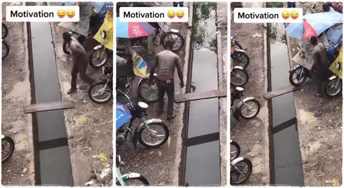 Photos of a man helping people to cross a bridge.