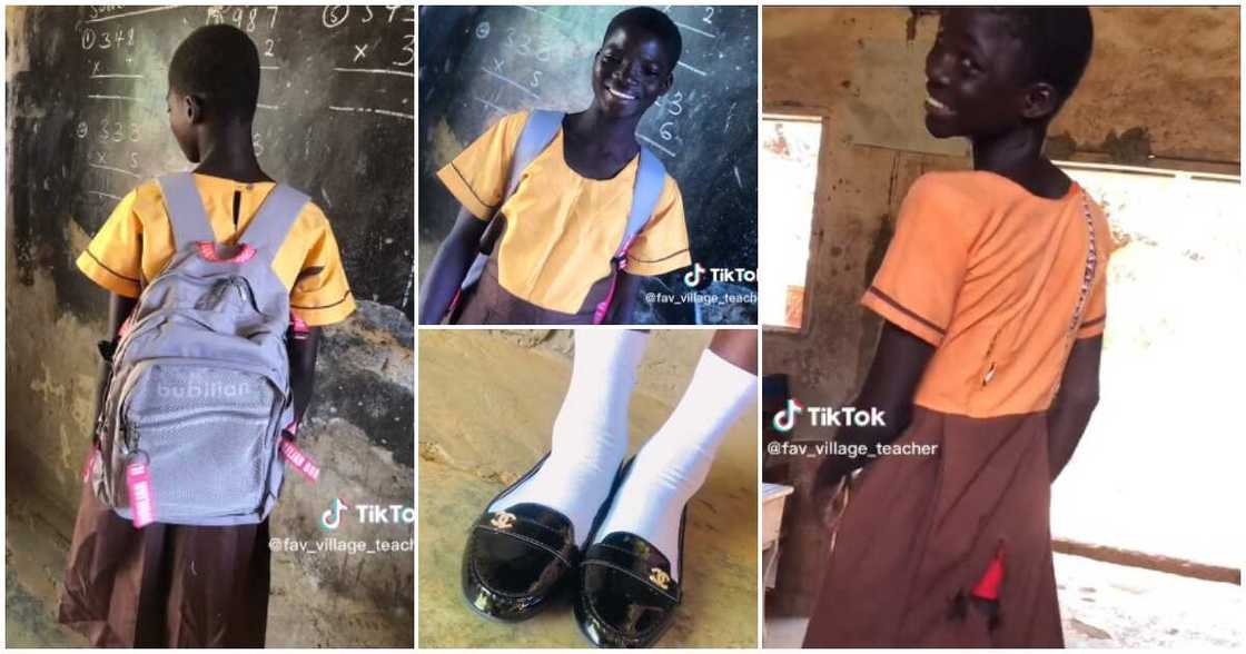 Village girl in torn uniform, new school bag and shoes, teacher gifts student uniform Village girl in torn uniform, new school bag and shoes, teacher gifts student uniform