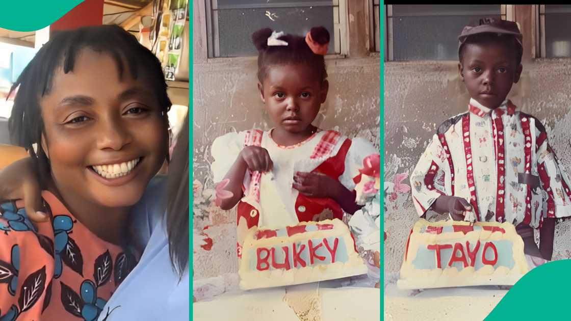 Mother uses just one birthday cake for her three children's photos. Mother uses just one birthday cake for her three children's photos.