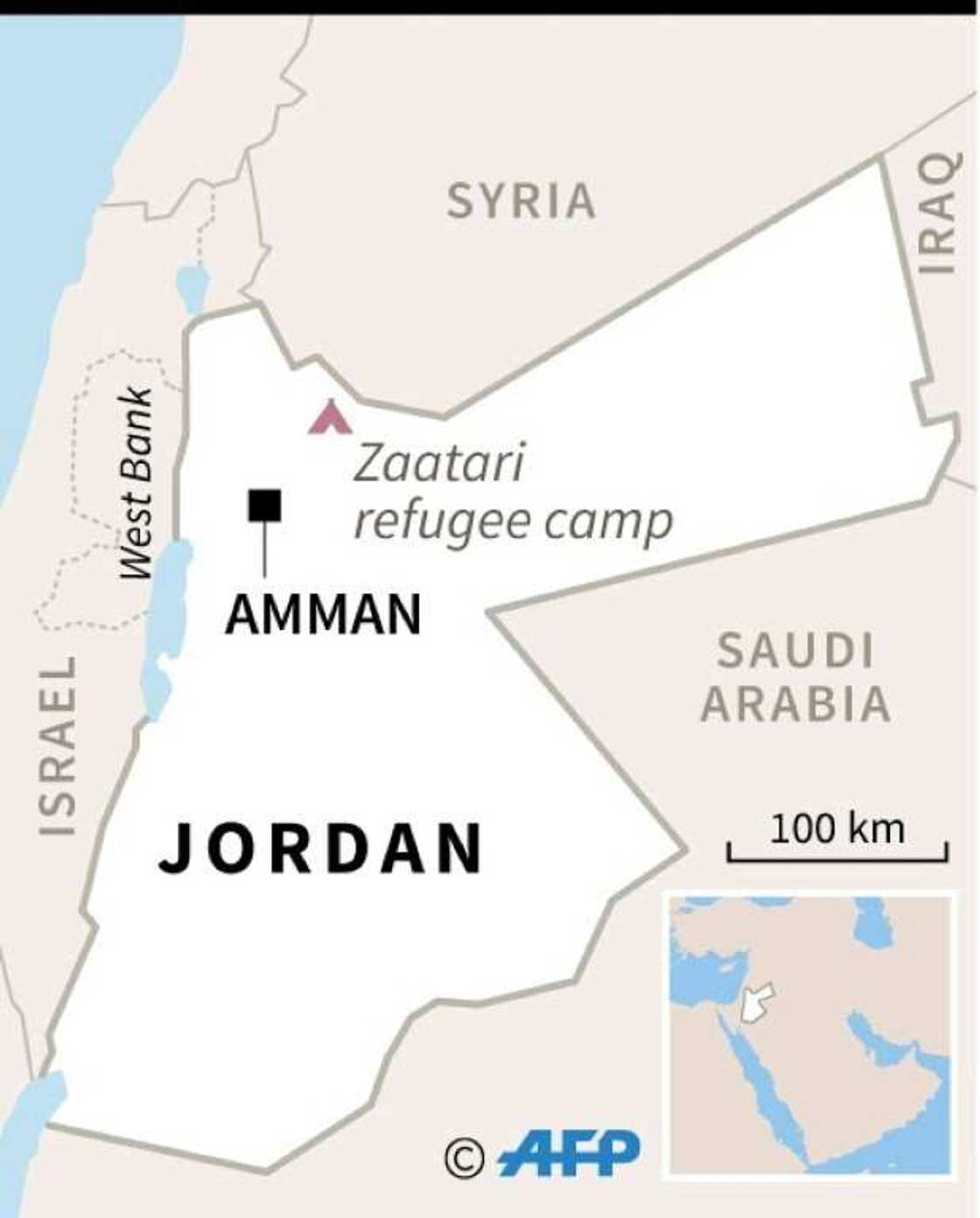 Map locating Zaatari refugee camp in Jordan,