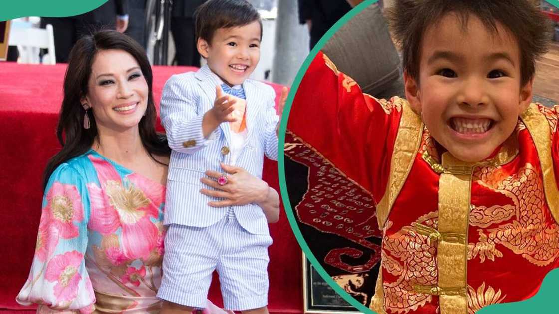Lucy Liu with her son Rockwell (L). Rockwell in a red robe embellished with golden designs (R) Lucy Liu with her son Rockwell (L). Rockwell in a red robe embellished with golden designs (R)
