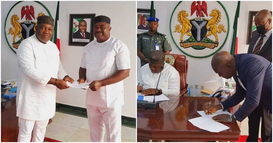 Governor Ifeanyi Ugwuanyi, Mr. Peter Okonkwo and Mr. Jideofor Ebeh, Enugu state Governor Ifeanyi Ugwuanyi, Mr. Peter Okonkwo and Mr. Jideofor Ebeh, Enugu state