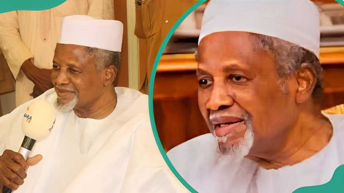 Aminu Dantata holding a microphone (L). Aminu Dantata in an office (R).