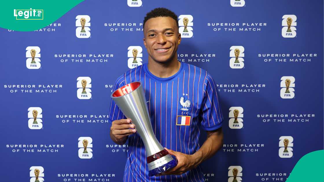 Kylian Mbappe poses with the Player of the Match Trophy during the FIFA World Cup 2026 Round Of 32 match between France and Sweden. Photo by Patrick Smith