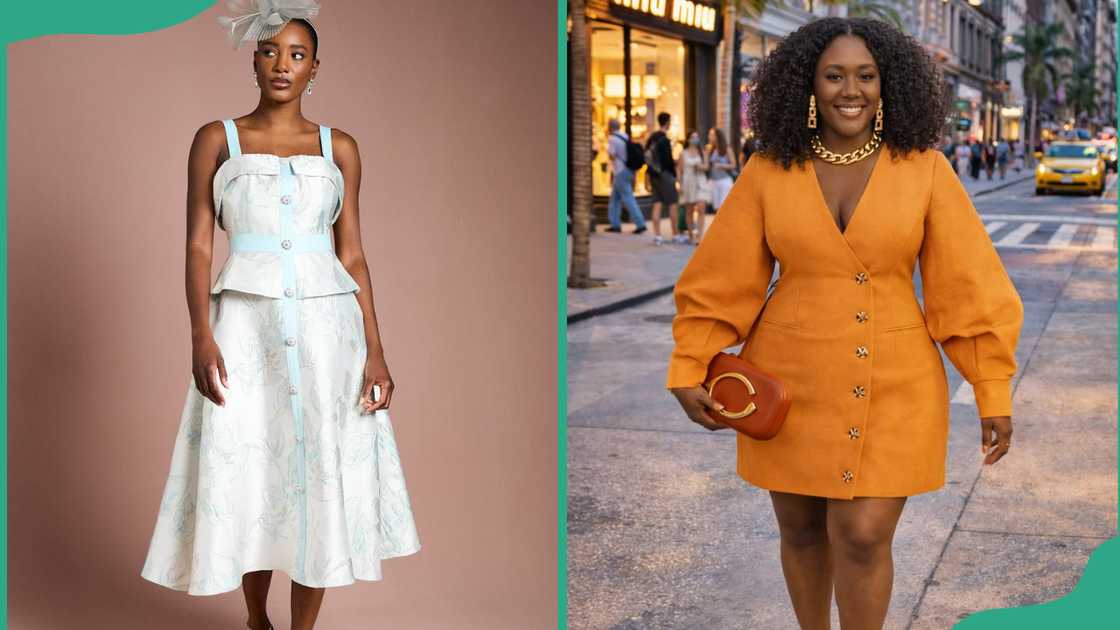 White and orange midi dresses with button-front detail White and orange midi dresses with button-front detail