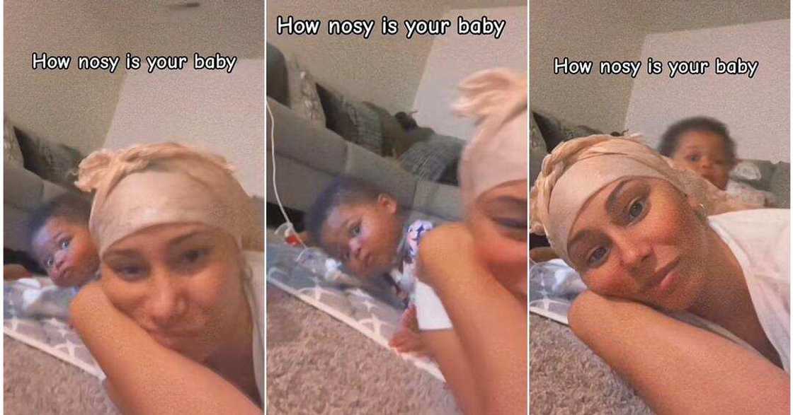 Funny mum exposes her nosy baby peeping into her phone