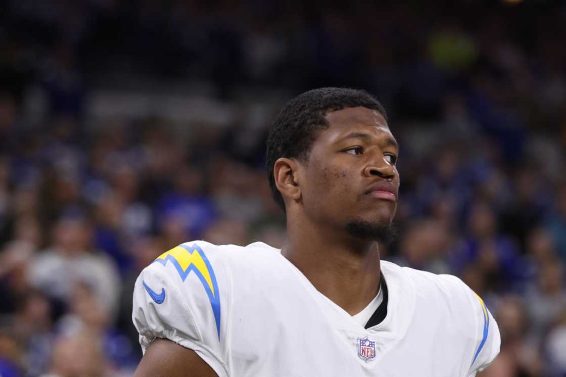 Donald Parham Jr. stands on the sideline prior to an NFL football game Donald Parham Jr. stands on the sideline prior to an NFL football game