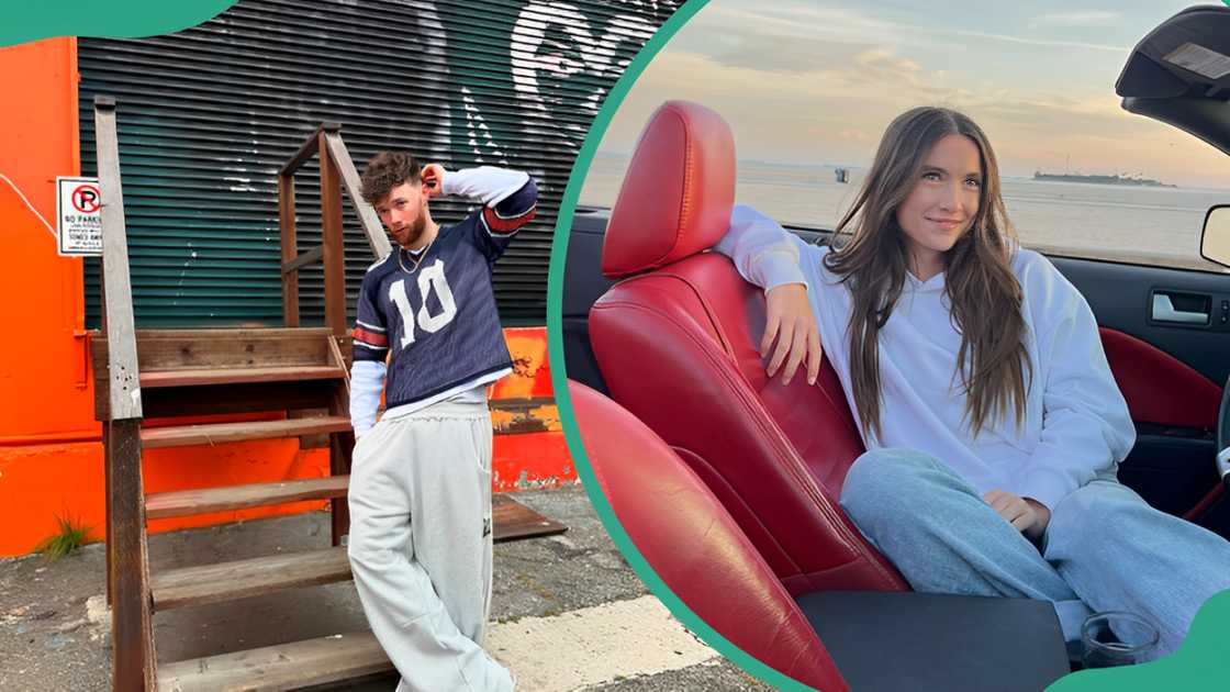 McKayla Maroney's brother Kav posing while leaning on the stairs (L). Tarynn McKayla posing inside a car (R).