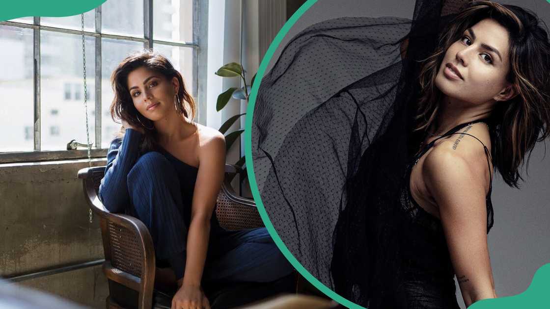Megan Batoon posing by a window and in a back outfit in a studio Megan Batoon posing by a window and in a back outfit in a studio