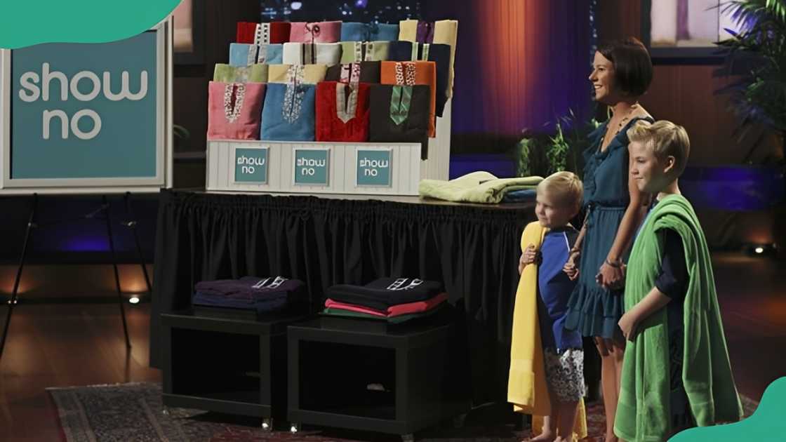 Entrepreneur Shelly Ehler and her children pitching ShowNo Towels.