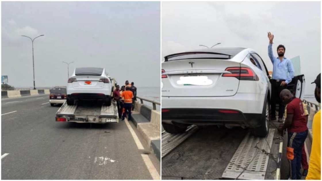 A white man waved beside the car. A white man waved beside the car.