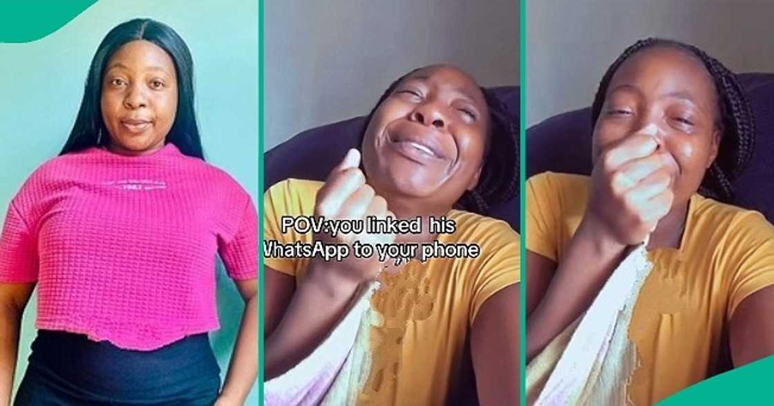 Lady who linked her boyfriend's WhatsApp to her phone breaks down in tears. Lady who linked her boyfriend's WhatsApp to her phone breaks down in tears.