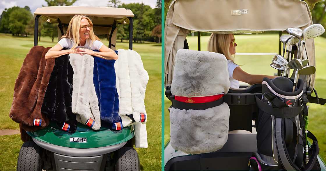 Tracy Slocum poses with her products on a golf cart.