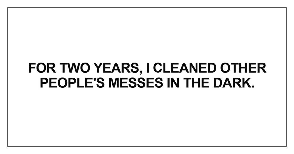 For two years, I cleaned other people's messes in the dark. For two years, I cleaned other people's messes in the dark.