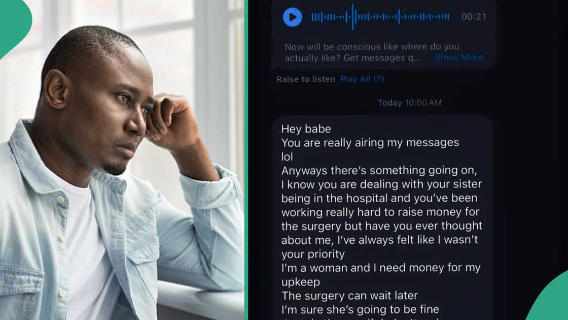 Man posts message his girlfriend sent to him despite his sister still in hospital, angers many Man posts message his girlfriend sent to him despite his sister still in hospital, angers many