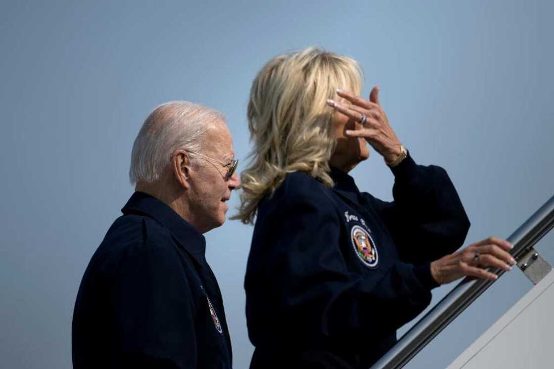 US President Joe Biden and First Lady Jill Biden board Air Force One en route to London to attend the funeral of Queen Elizabeth II US President Joe Biden and First Lady Jill Biden board Air Force One en route to London to attend the funeral of Queen Elizabeth II