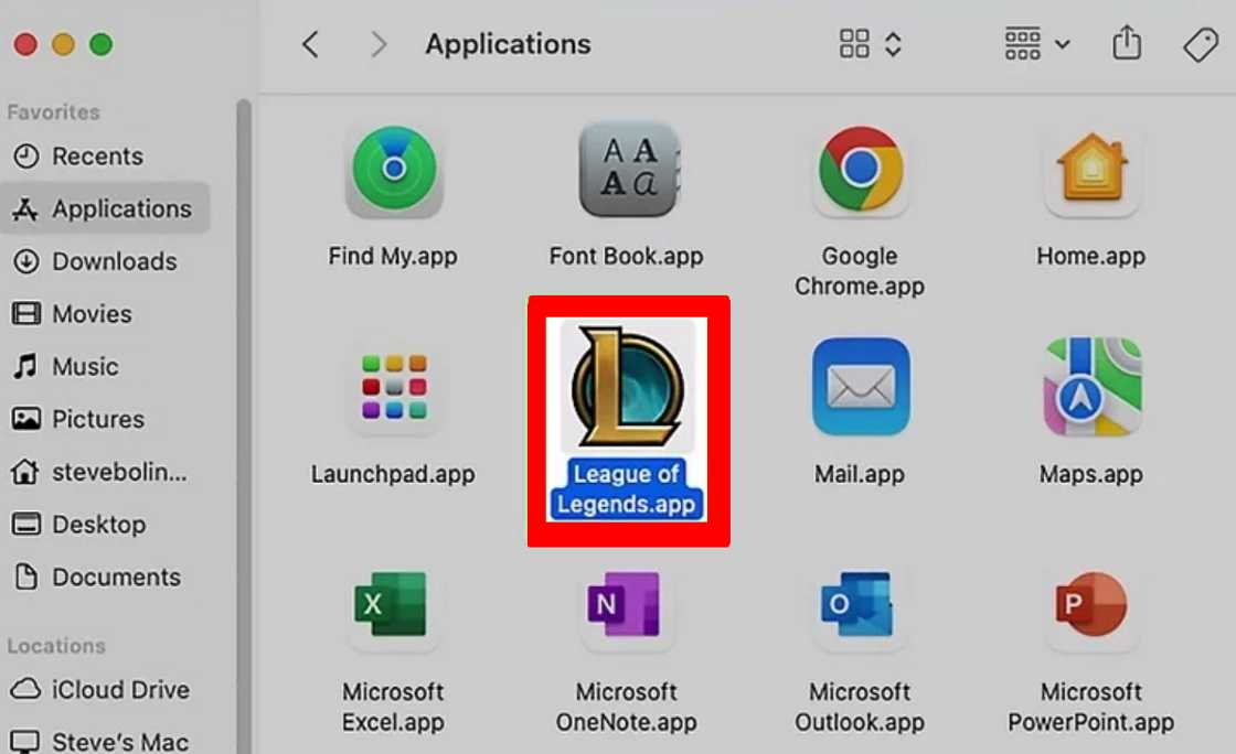 League of Legends application within the Applications folder in the macOS Finder. League of Legends application within the Applications folder in the macOS Finder.