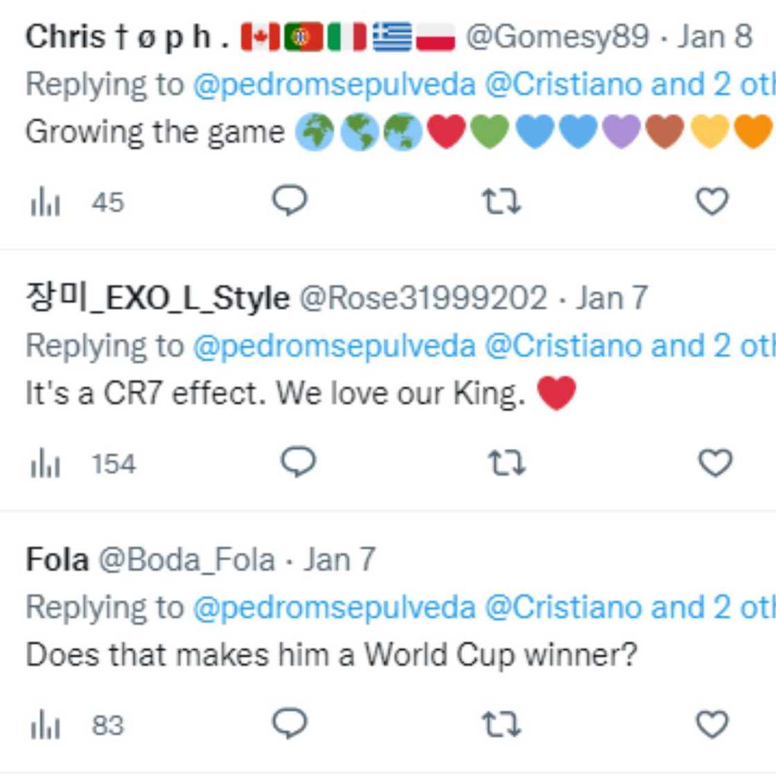 Ronaldo's career move/tweets praising him. Ronaldo's career move/tweets praising him.