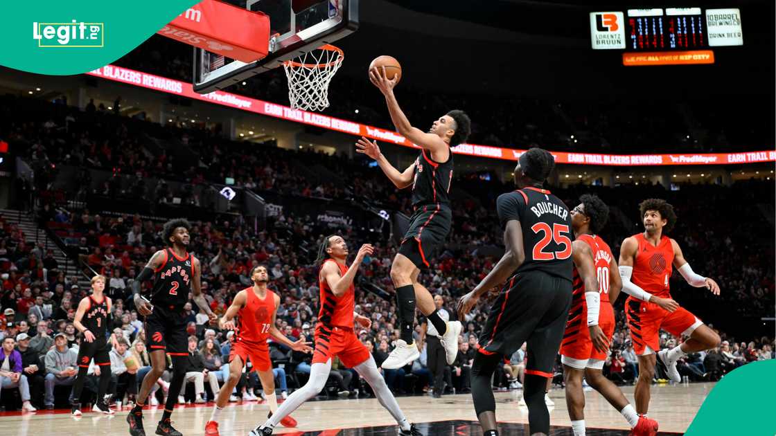 Jordan Nwora of the Toronto Raptors floats to the basket against the Portland Trail Blazers. Photo by Alika Jenner Jordan Nwora of the Toronto Raptors floats to the basket against the Portland Trail Blazers. Photo by Alika Jenner