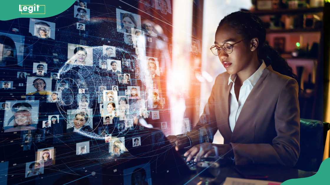 A lady managing cybersecurity tasks on her laptop amid a digital network A lady managing cybersecurity tasks on her laptop amid a digital network