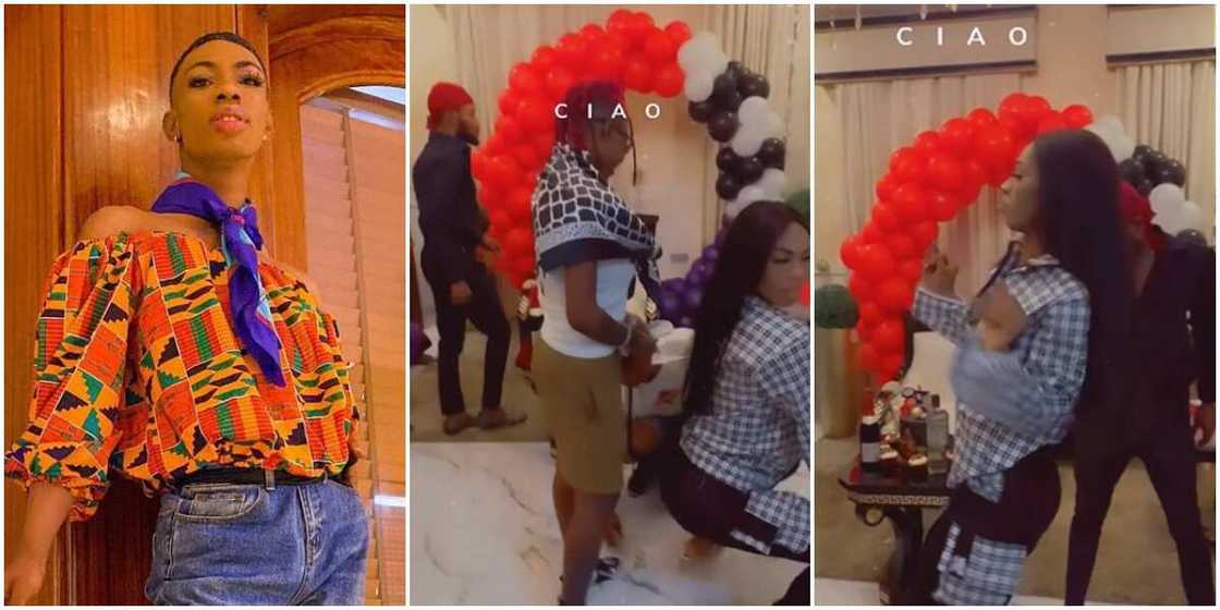 Friends rain cash on crossdresser James Brown as they celebrate his birthday Friends rain cash on crossdresser James Brown as they celebrate his birthday