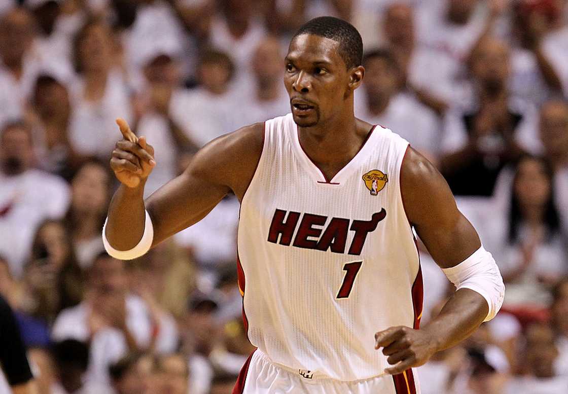 Chris Bosh reacts against the Dallas Mavericks in the first quarter of Game Two of the 2011 NBA Finals