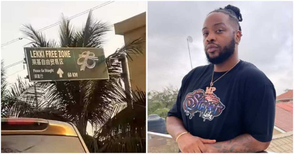 Photos of BBNaija star TeddyA and Chinese sign post