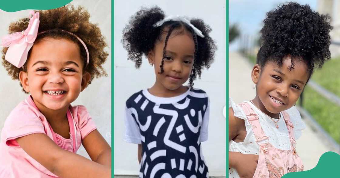 Afros and afro puffs with butterfly clips and ribbons.