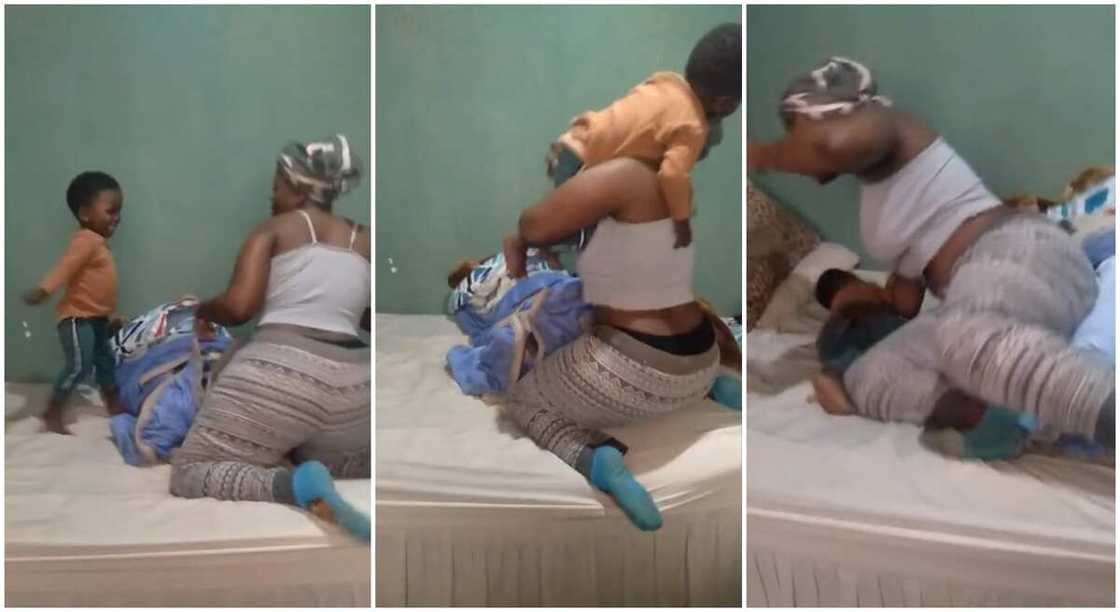 Photos of a mum wrestling with her son in fun WWE match. Photos of a mum wrestling with her son in fun WWE match.