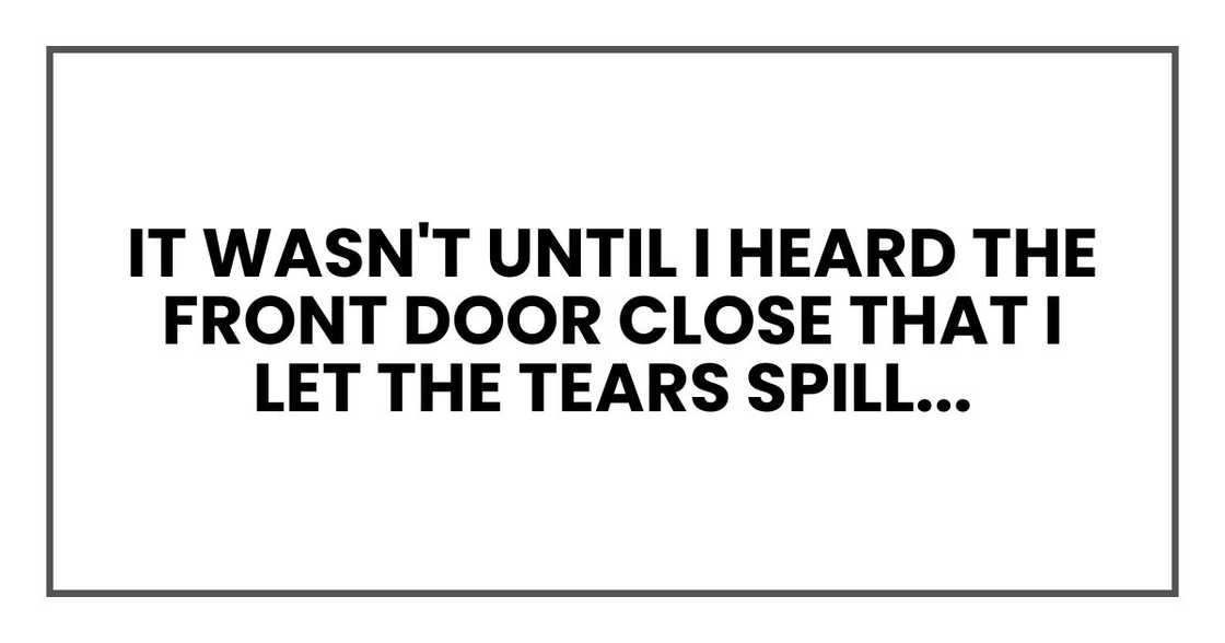 It wasn't until I heard the front door close that I let the tears spill down my cheeks. It wasn't until I heard the front door close that I let the tears spill down my cheeks.