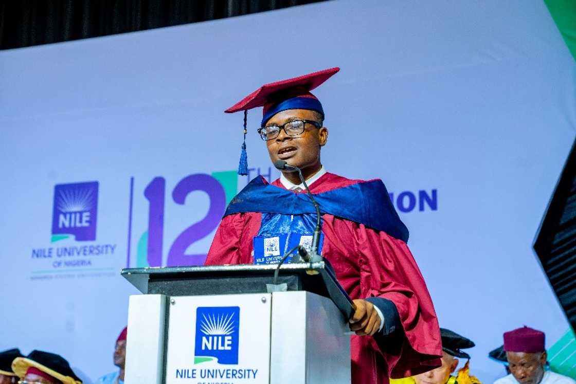 Nile University’s 12th Convocation Valedictorian, David Adeshina Arungbemi (Computer Engineering), delivering his valedictory speech. Nile University’s 12th Convocation Valedictorian, David Adeshina Arungbemi (Computer Engineering), delivering his valedictory speech.