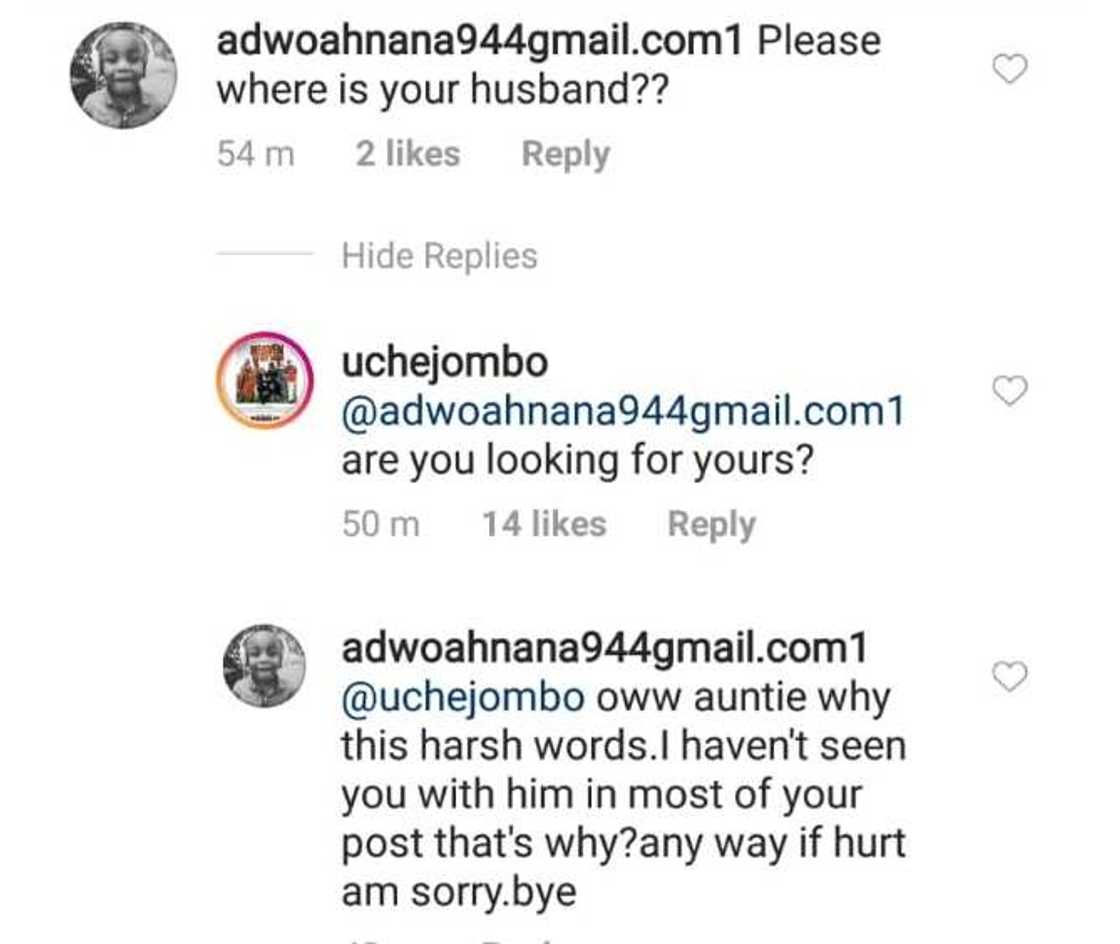 Between Uche Jombo and a follower who asked her the whereabouts of her husband Between Uche Jombo and a follower who asked her the whereabouts of her husband