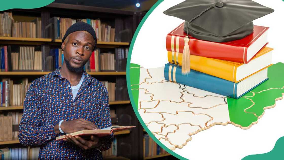A student holding a book in the library (L). Three books and a graduation cap on the material with a Nigerian map (R) A student holding a book in the library (L). Three books and a graduation cap on the material with a Nigerian map (R)