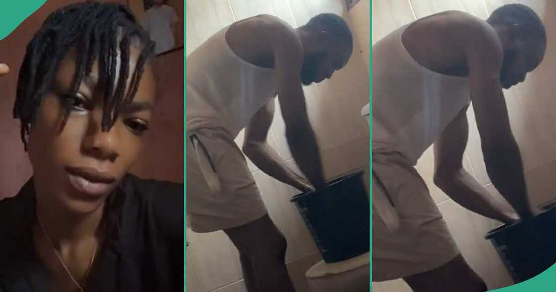 Man washes his girlfriend's undies. Man washes his girlfriend's undies.
