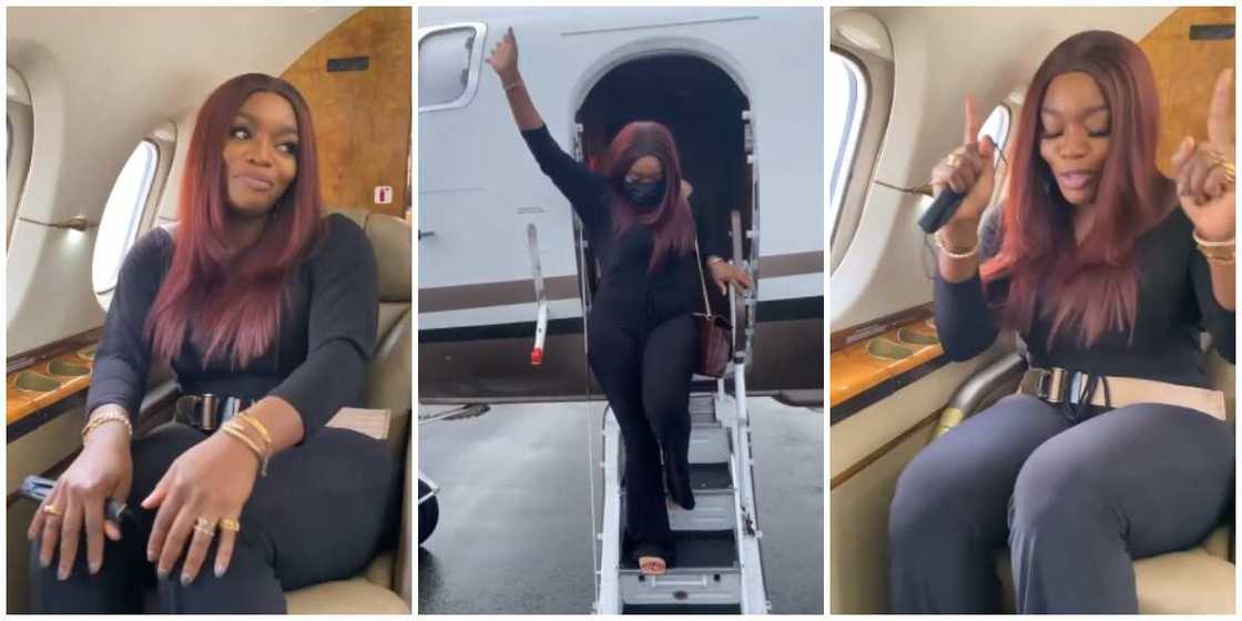 Photos of Bisola on a private jet. Photos of Bisola on a private jet.