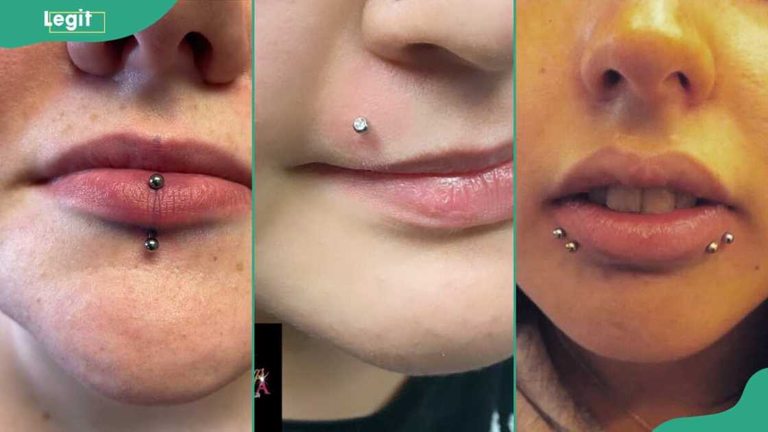 Different types of lip piercing: Vertical labret (L), Monroe (C), shark bites (R)