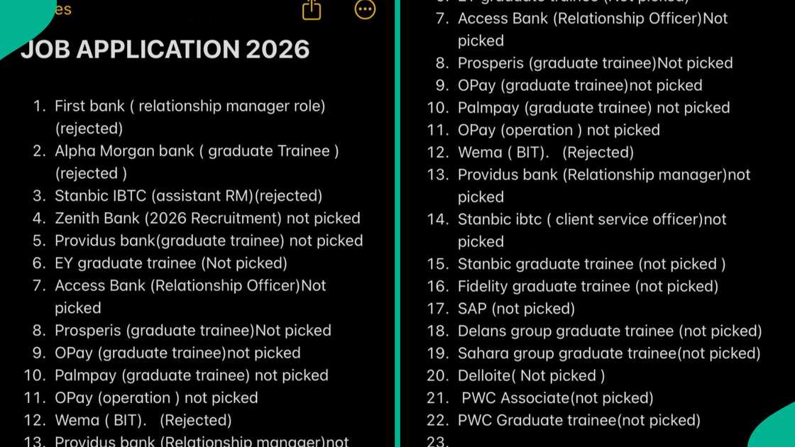 A lady who was rejected 22 times lists the companies she applied to