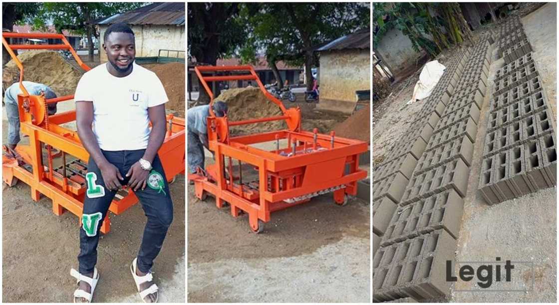 Amusa Moses displays his new machine which he bough after saving for 3 years.