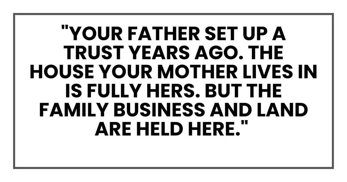 "Your father set up a trust years ago. The house your mother lives in is fully hers. But the family business and land, including that vineyard, are held here. "Your father set up a trust years ago. The house your mother lives in is fully hers. But the family business and land, including that vineyard, are held here.