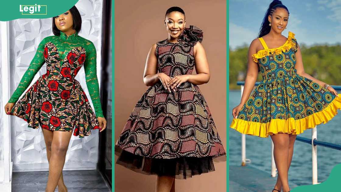 Simple Ankara short gowns with sleeves (L), with short sleeves(M) and off shoulder (R) Simple Ankara short gowns with sleeves (L), with short sleeves(M) and off shoulder (R)