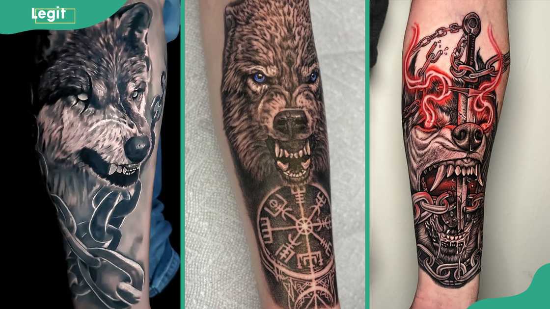 Fenrir with chains tattoo (L). Angry Fenrir (C). Daggered Fenrir (R)