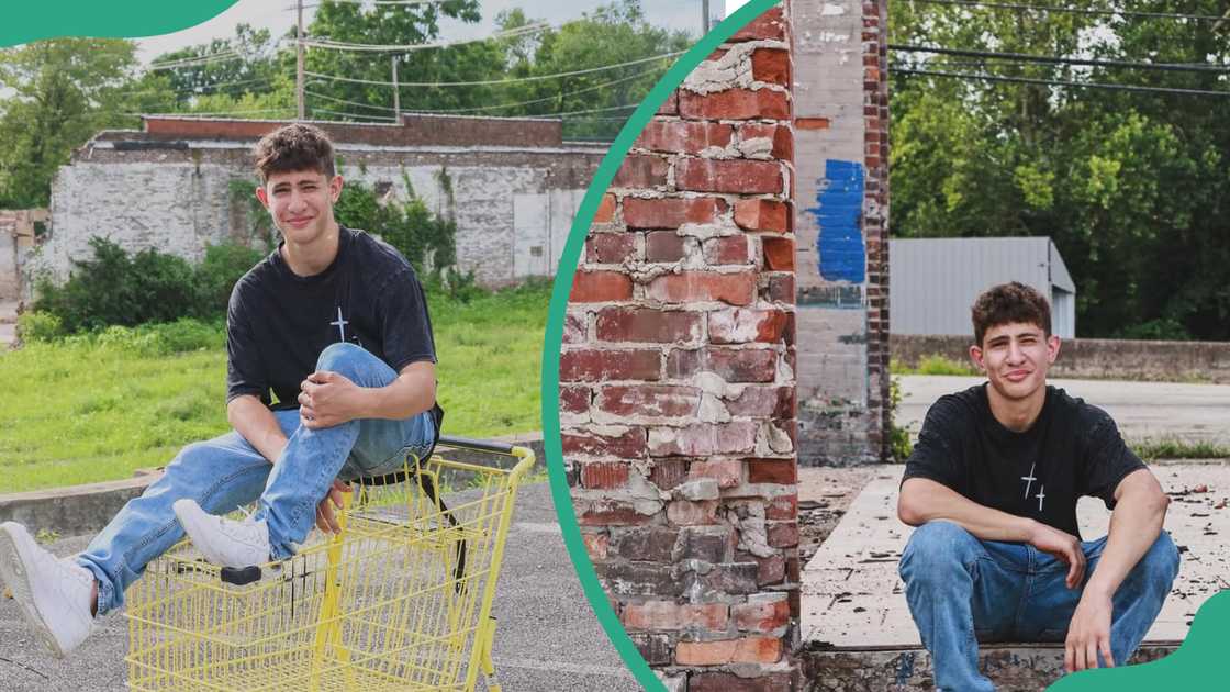 Nidal wonder sitting on top of a shopping cart and in an unfinished house.