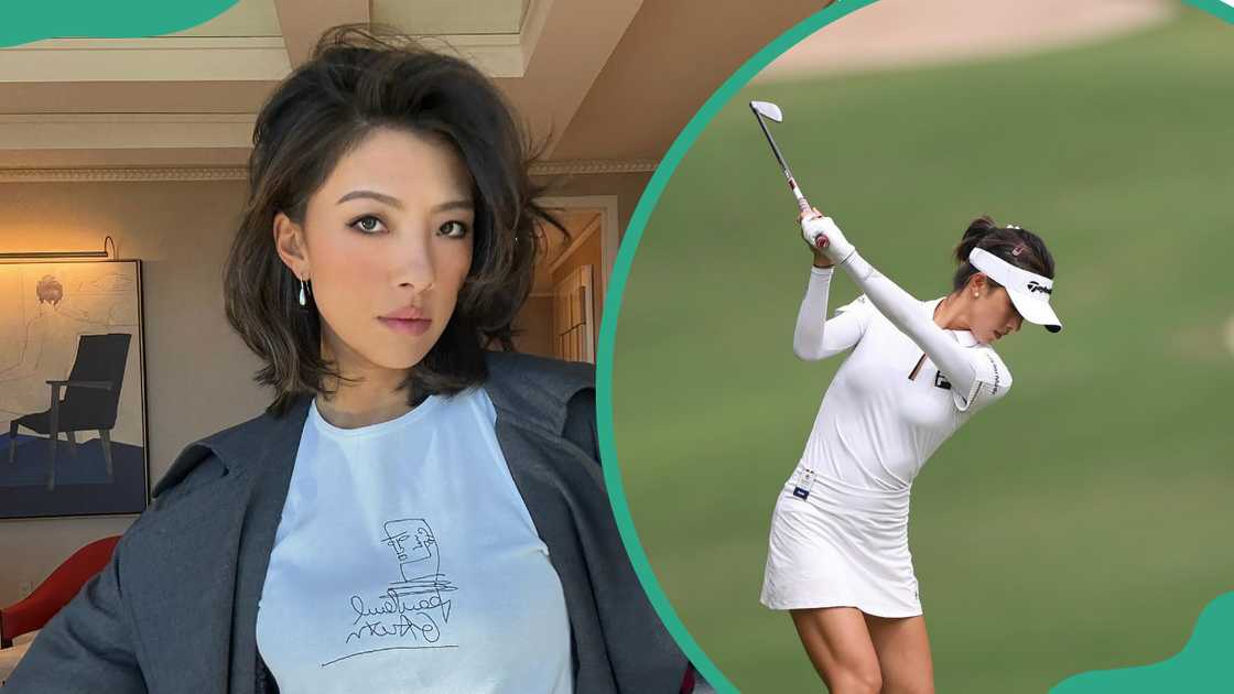 Lily Muni He wearing a white T-shirt and a grey jacket (L) and mid-swing in a white outfit on a golf course (R)