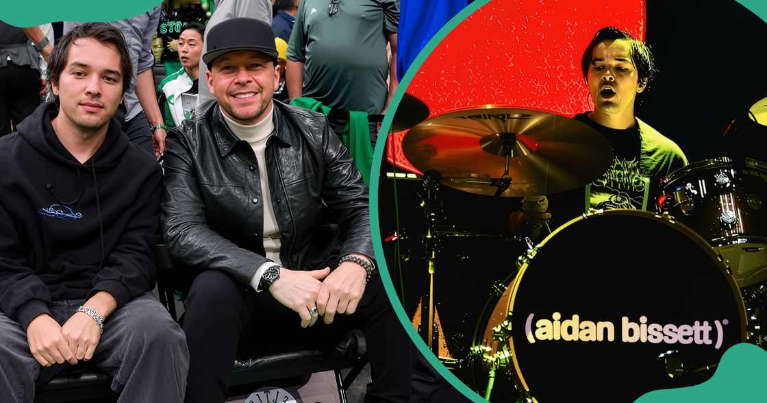 Elijah and Donnie Wahlberg pose sitting during a 2024 game between the Knicks and the Celtics. He drums during an Aidan Basset show Elijah and Donnie Wahlberg pose sitting during a 2024 game between the Knicks and the Celtics. He drums during an Aidan Basset show