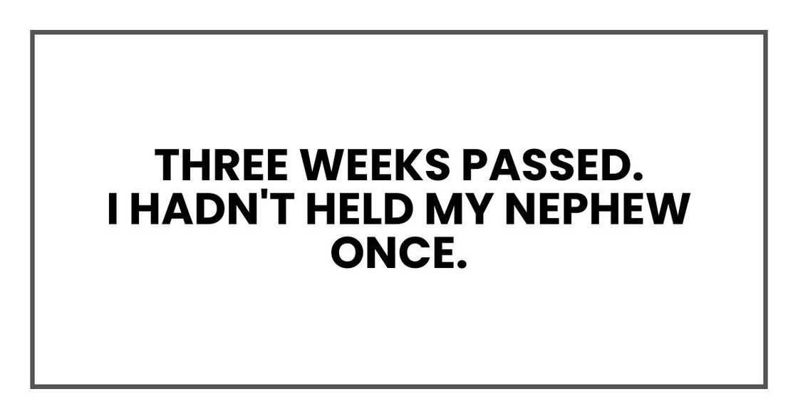 Three weeks passed.
I hadn't held my nephew once.