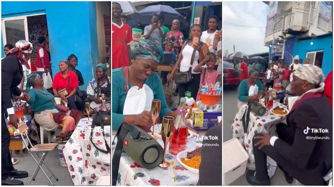 Public date with stranger/man served old woman rice. Public date with stranger/man served old woman rice.