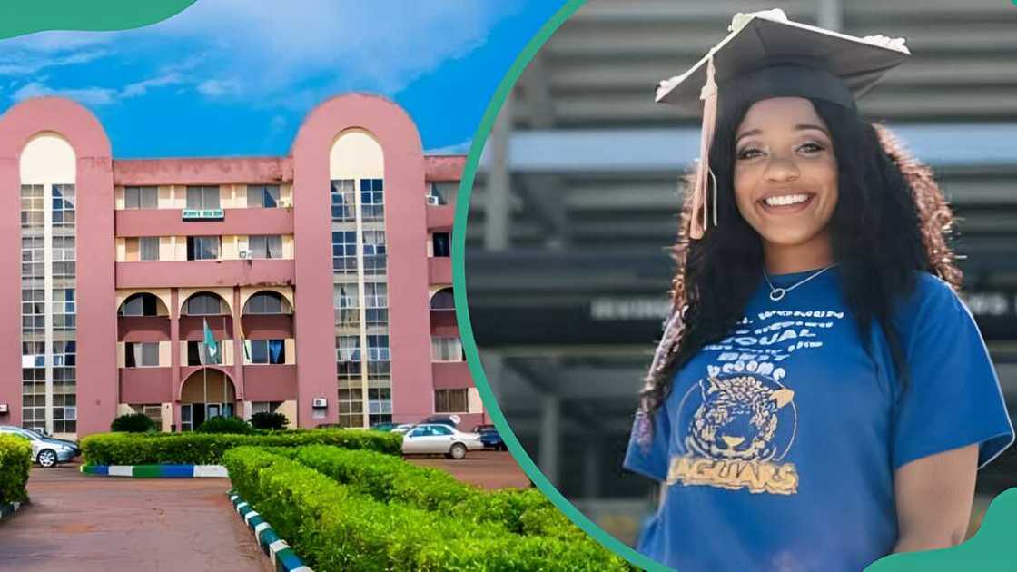A bulding of Kogi State University (L). A girl wearing a graduation cap (R). A bulding of Kogi State University (L). A girl wearing a graduation cap (R).