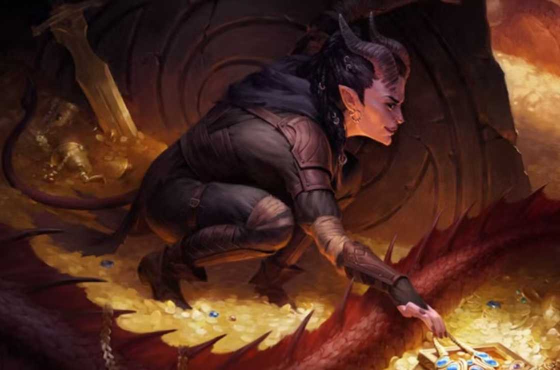 Mammon Tiefling, holding a blue and gold pearl chain Mammon Tiefling, holding a blue and gold pearl chain